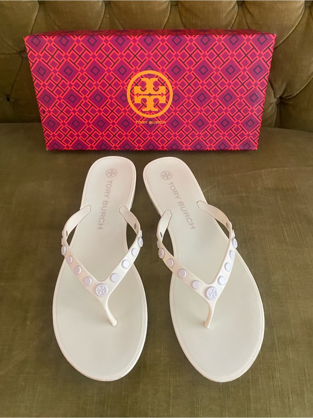 Tory Burch Sedona Rose Studded Cream Jelly Thong Sandals
